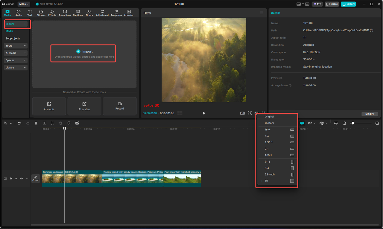 Importing the media into CapCut
