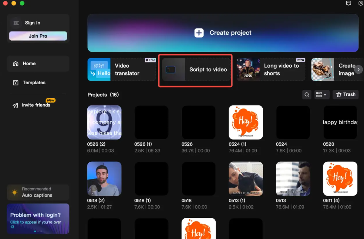 Opening script to video tool in CapCut PC — AI script to video generator