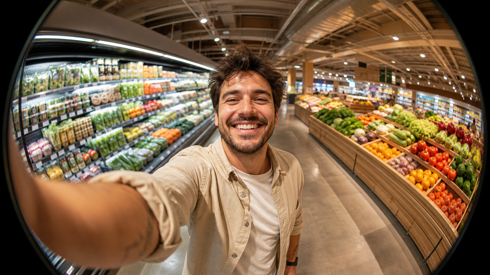 Fisheye Supermarkt Selfie AI Prompts repräsentatives Bild