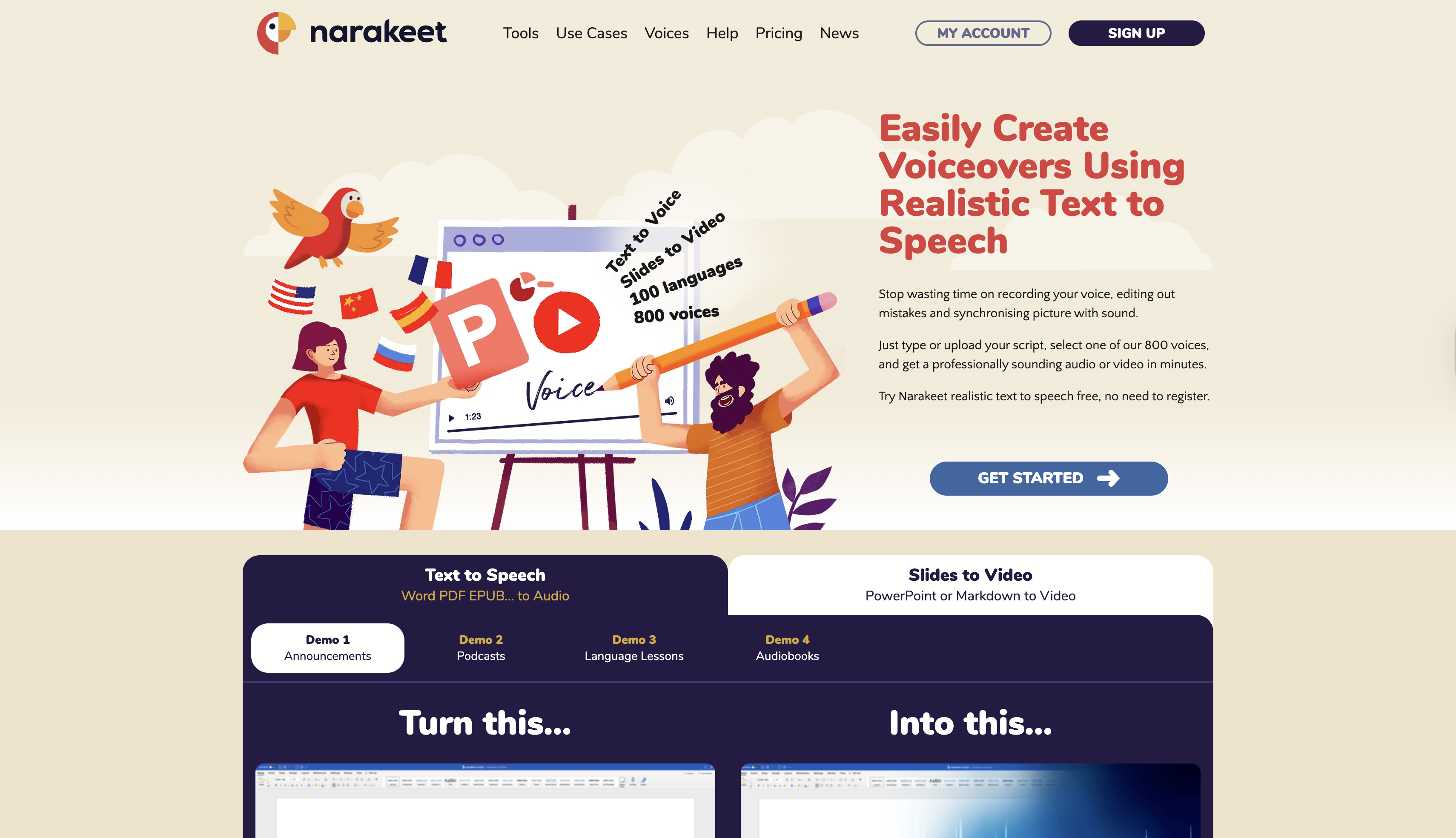 Interfaz de Narakeet