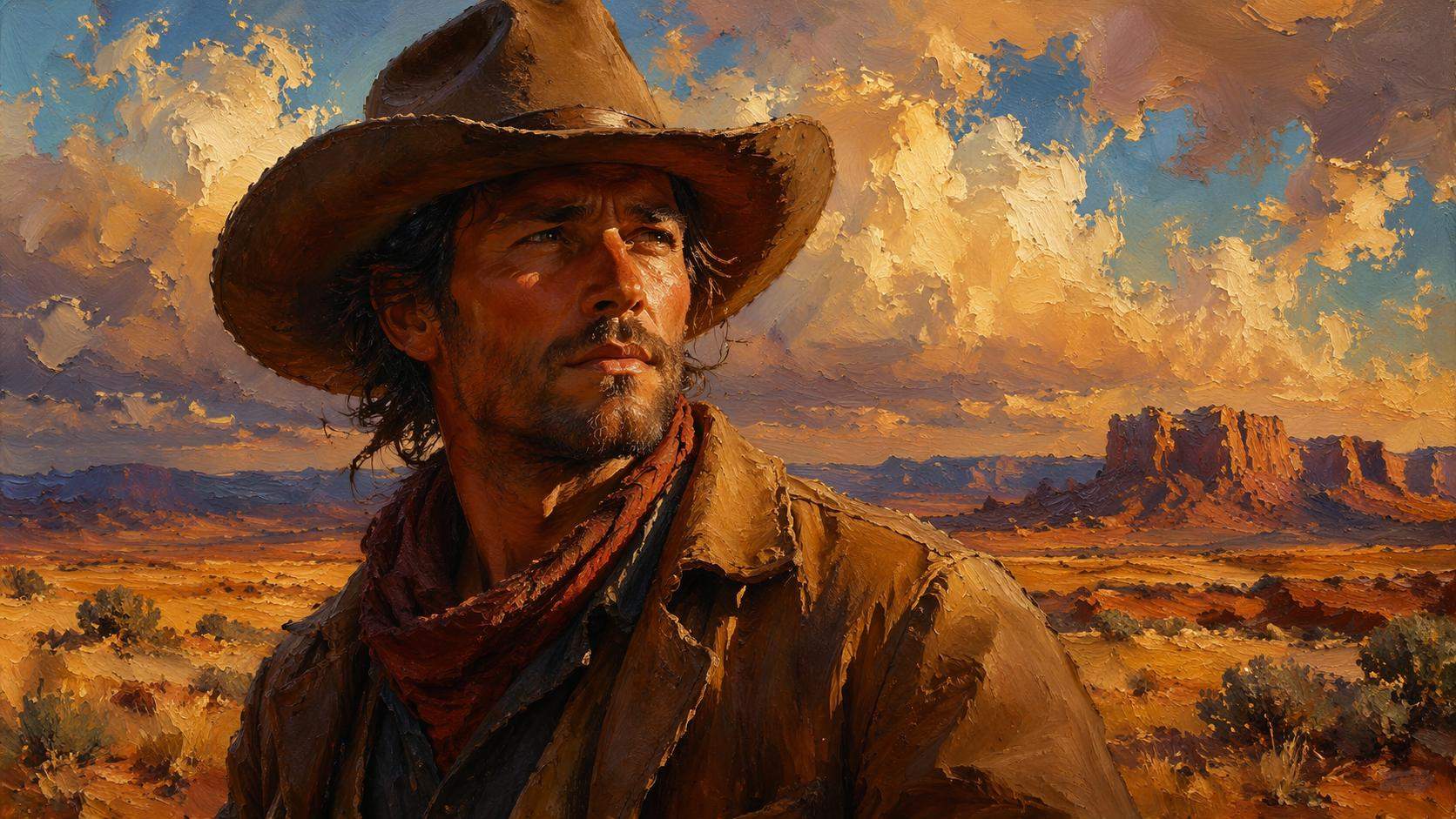 Dreamina chapéu de cowboy filtro prompt card 6: pintura a óleo ocidental