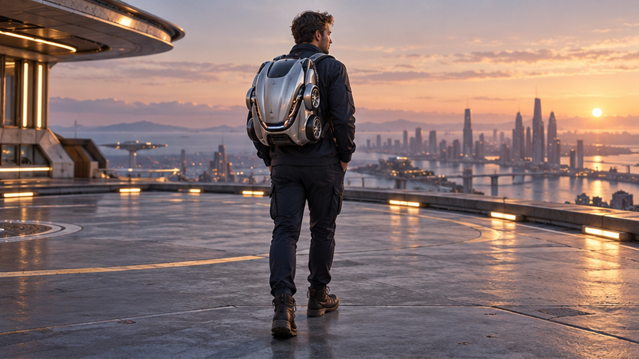 Premium photorealistic 16:9 cinematic final keyframe, original adult man in dark navy travel clothing in three-quarter rear view with face visible in profile, wearing a compact silver mechanical backpack on both shoulders, small folded wheel details and hinged car-body panels built into pack, all head and body visible on spacious rooftop landing pad at warm dawn, soft morning haze and refined metal reflections, no separate car, no text logos weapons watermark.