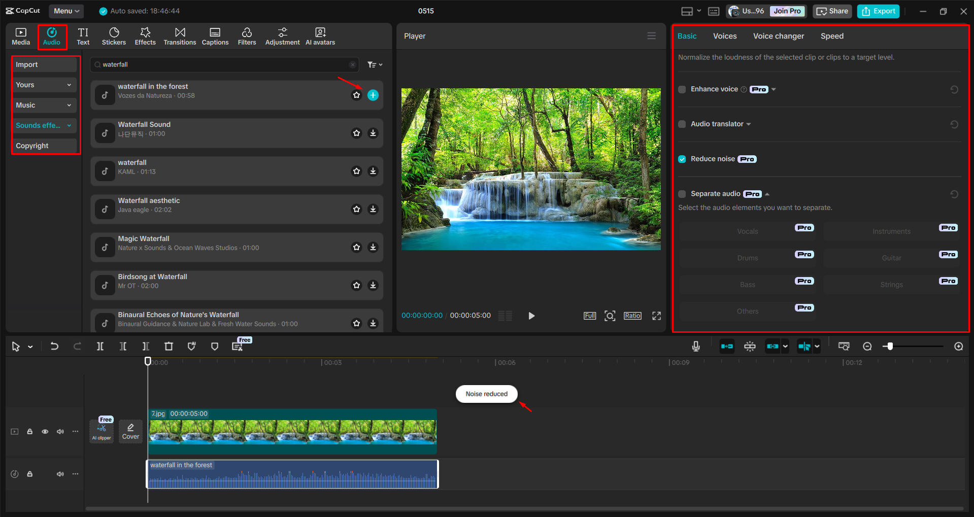 Adding and customizing a waterfall sound effect to video with the CapCut desktop video editor