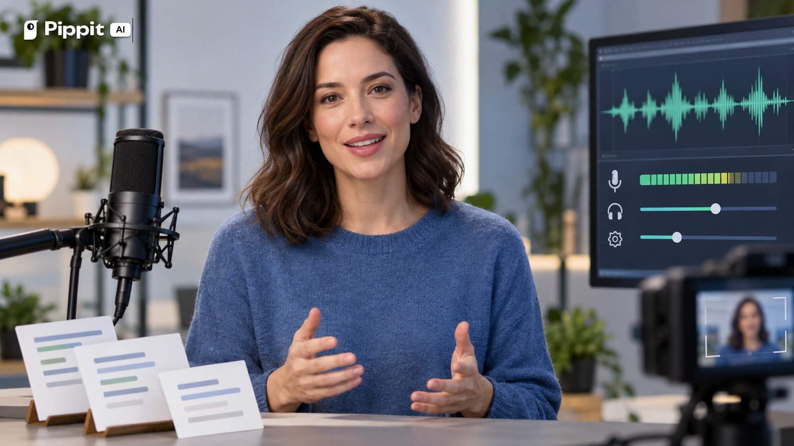 A presenter records with a microphone, short script cards, clear framing, and audio controls.