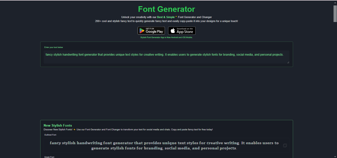 Interface of FontGen.net - the popular tool for stylish font writing