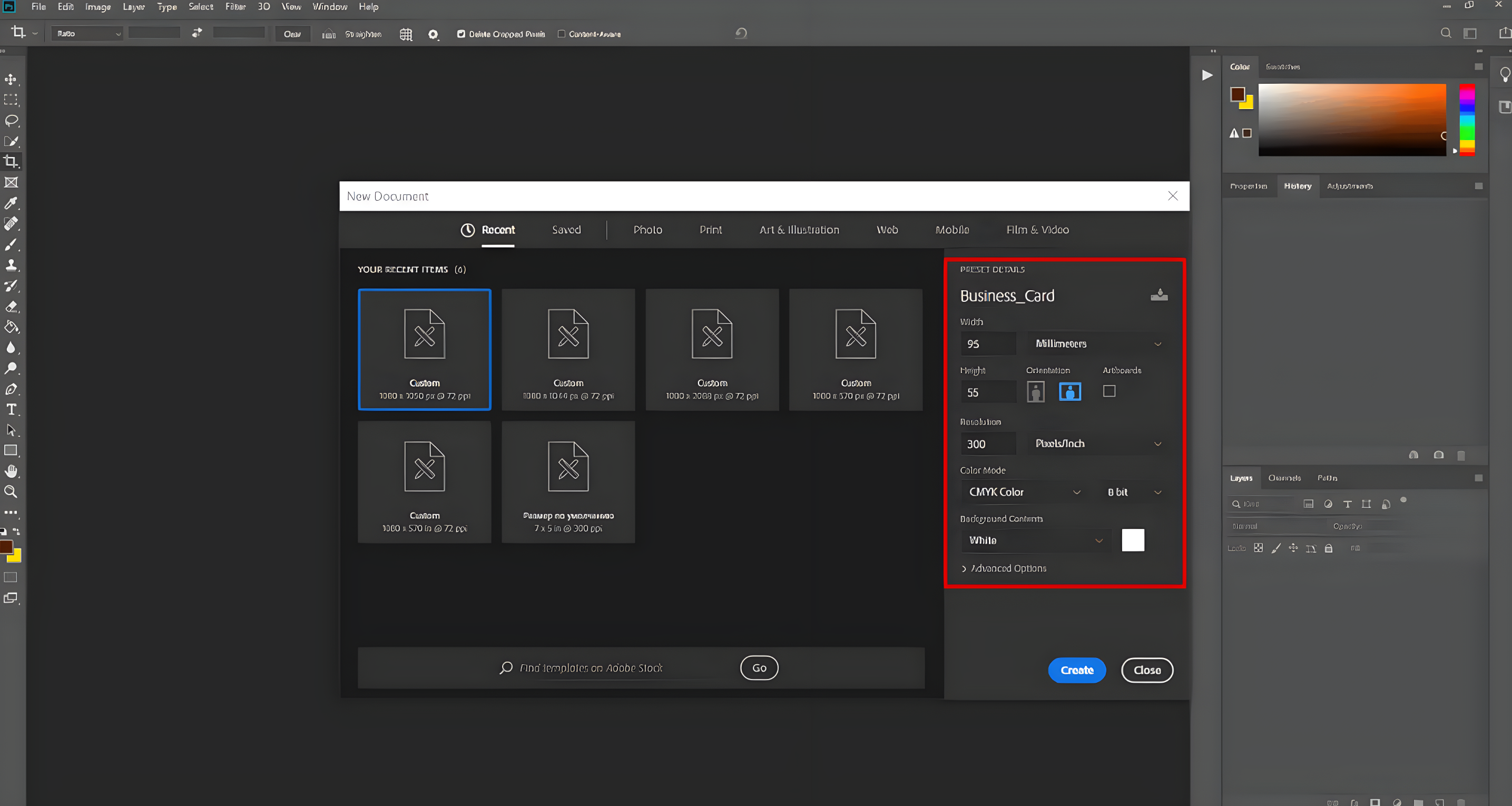 Die Größe der Visitenkarte in Photoshop einrichten