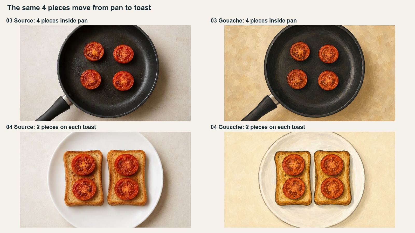 Four-panel source and gouache comparison of four browned tomato pieces in a pan and two tomato pieces on each of two toast slices.
