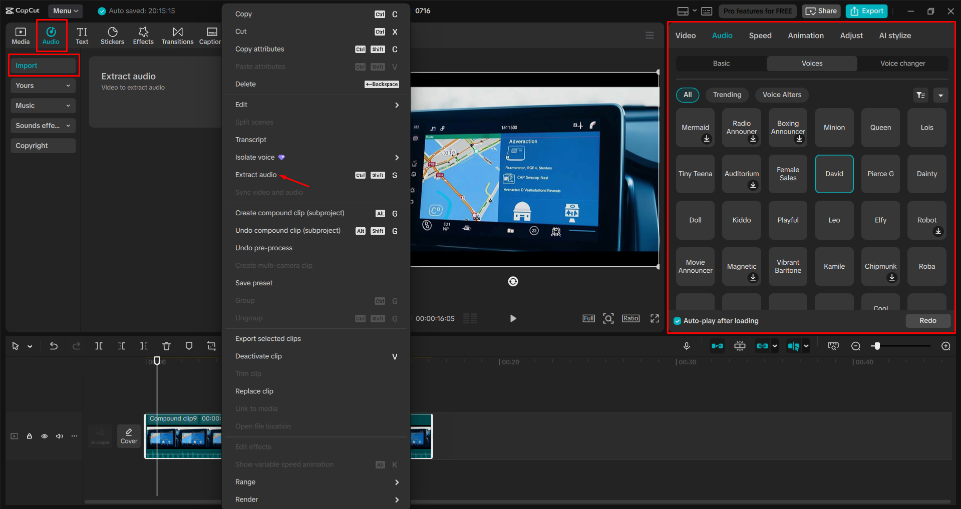 Applying AI voice filters to the audio in the CapCut desktop video editor