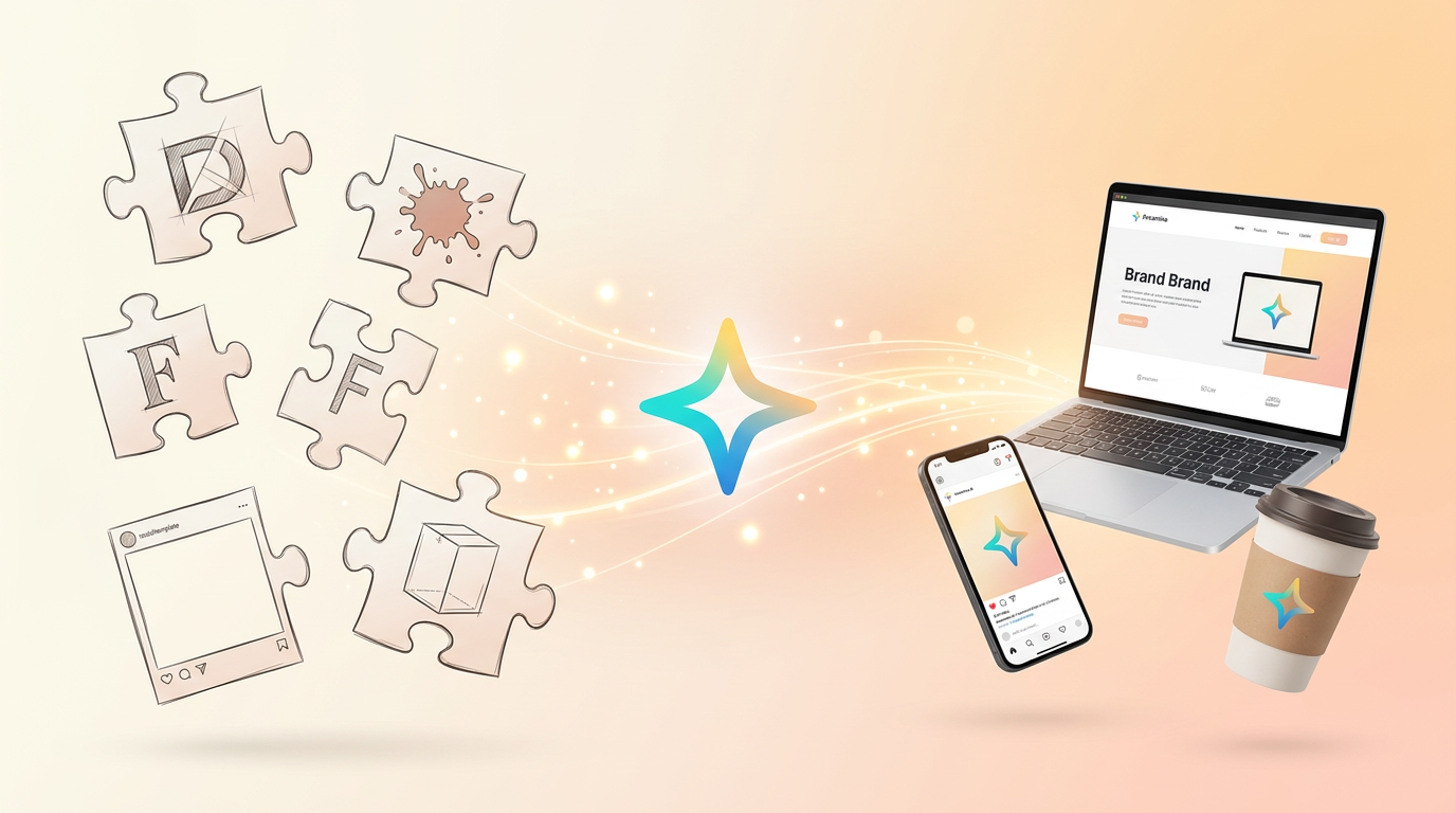Best AI image generators for startup branding - Dreamina concept featuring scattered brand pieces assembling into cohesive logo, social, and web assets