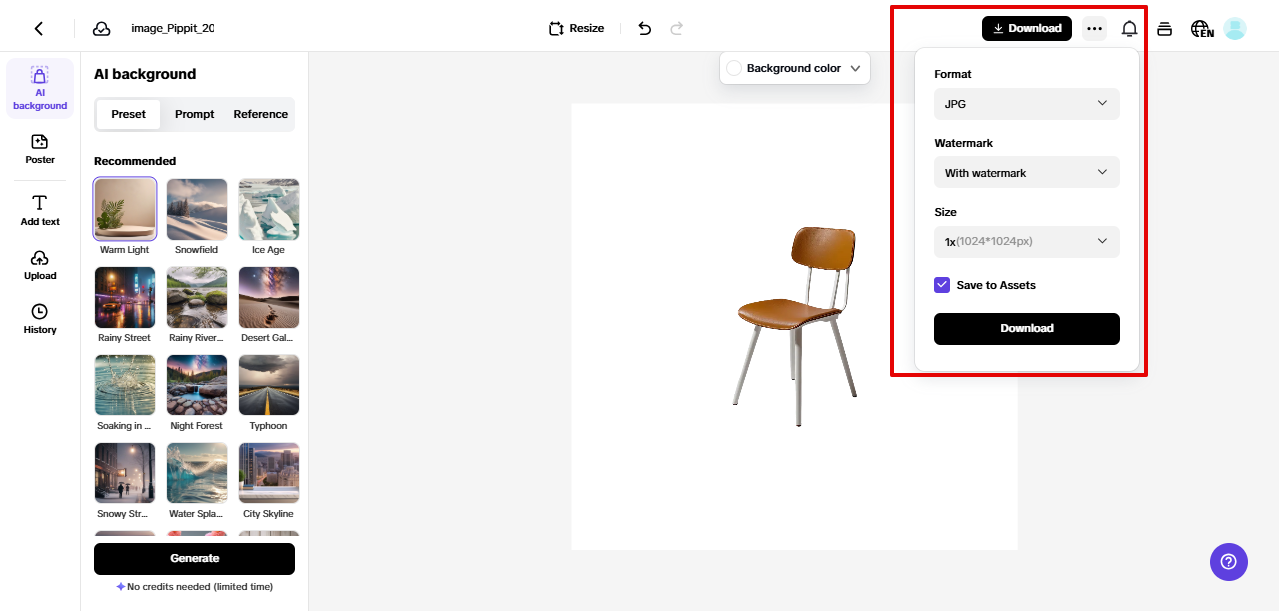 pag-e-export ng mga larawan ng produkto mula sa Pippit