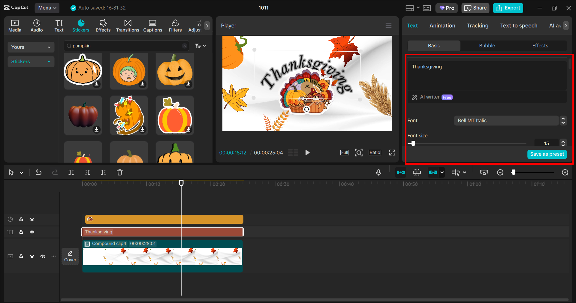 Adding Thanksgiving stickers to a video in the CapCut desktop video editor