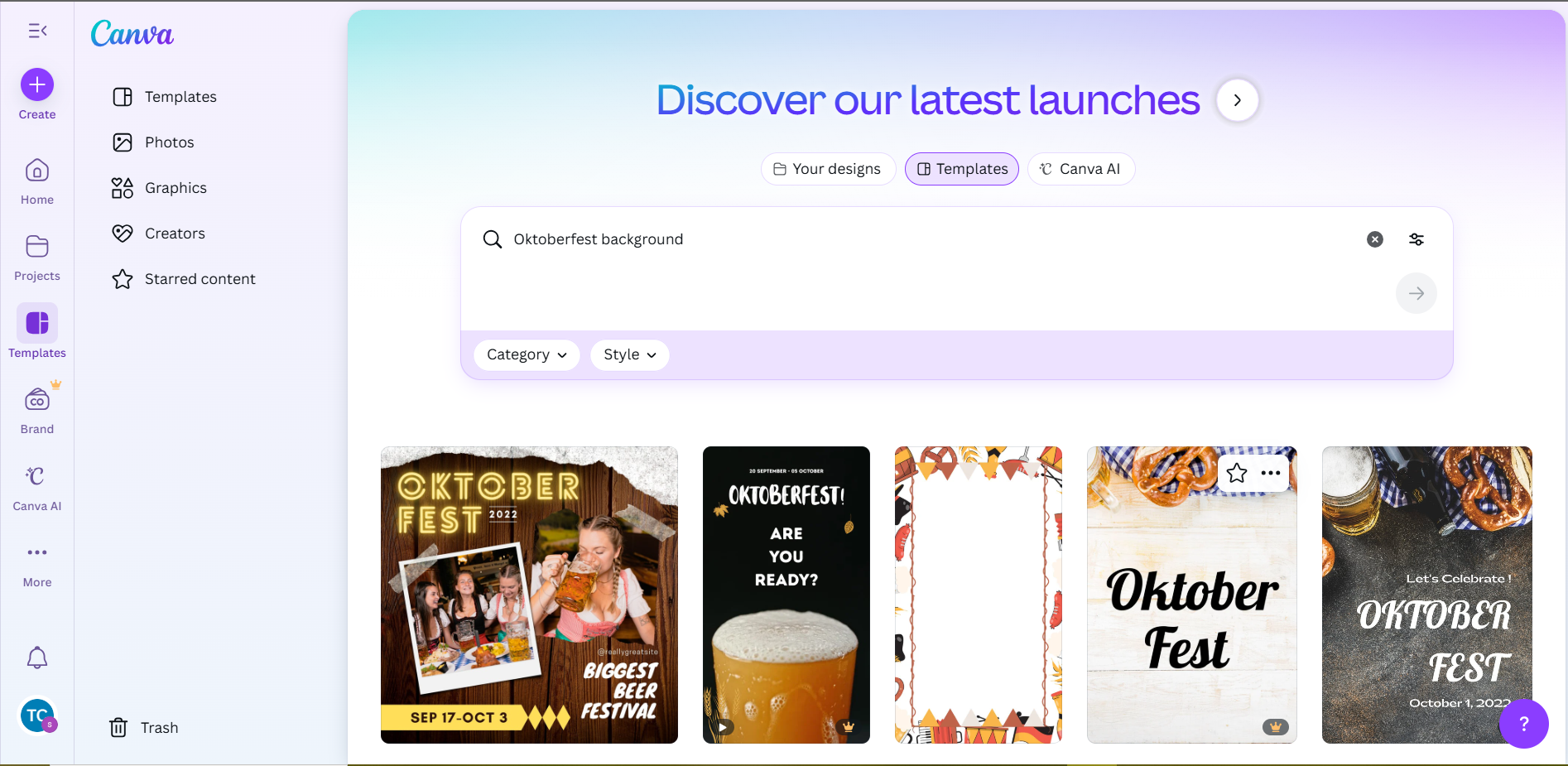 Screenshot showing Canva Interface to create Oktoberfest background