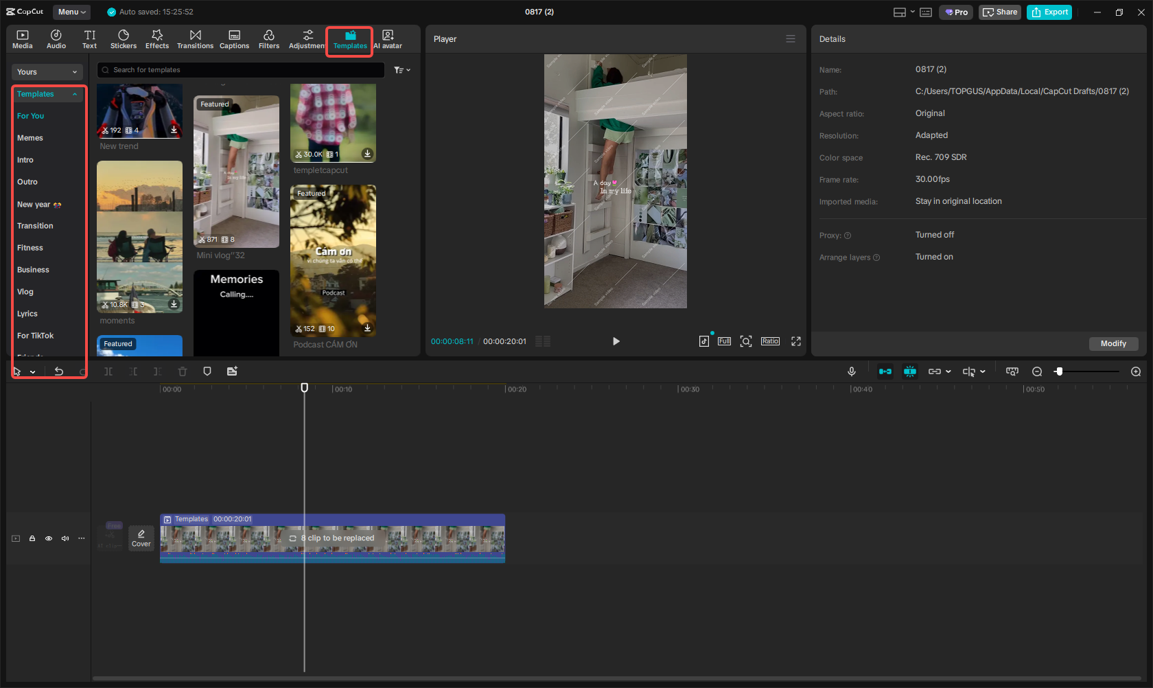Selecting an Instagram video template and resizing it in CapCut