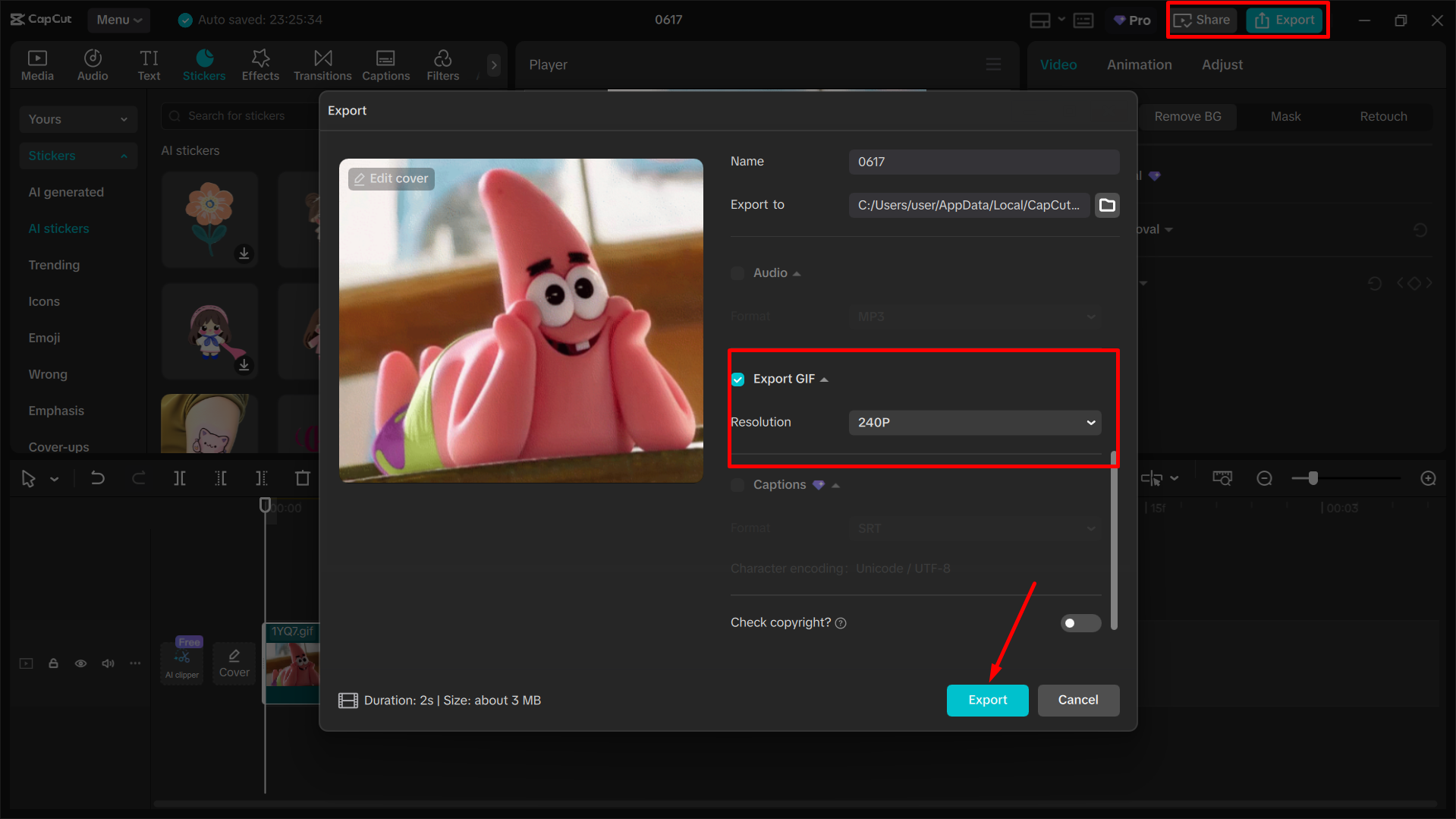 Exporting video as GIF from the CapCut desktop video editor