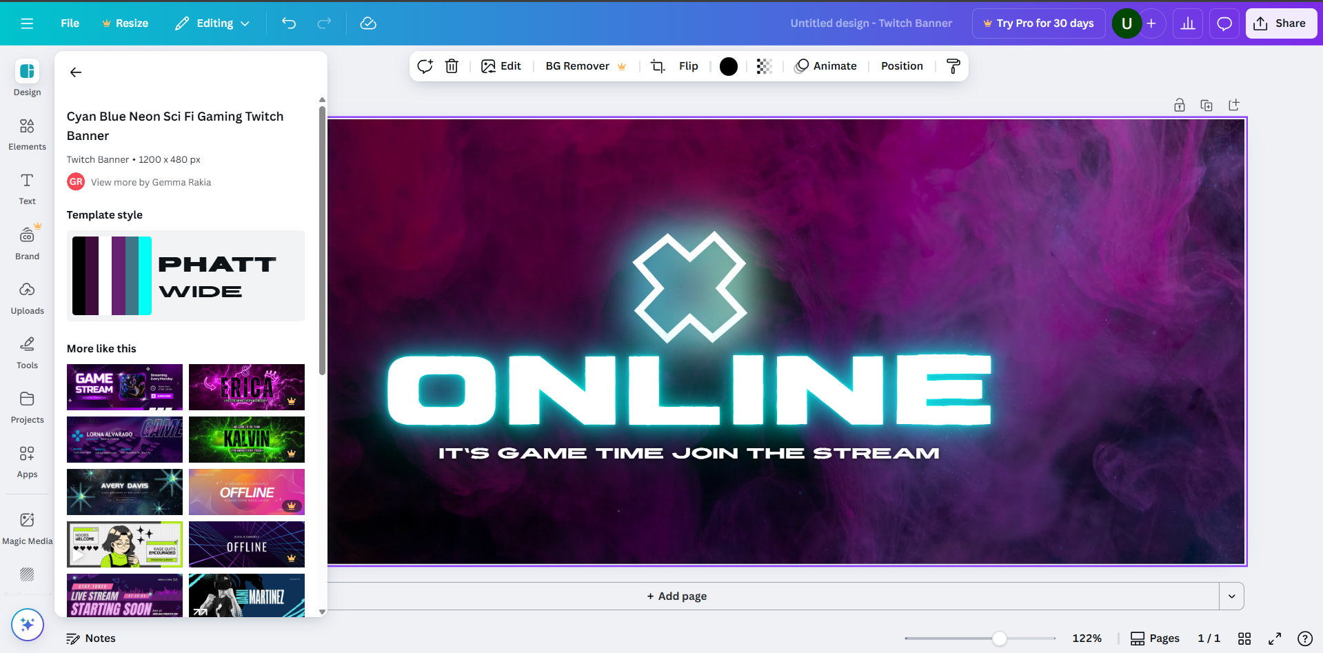 Interface of Canva - an easy to use online Twitch banner maker