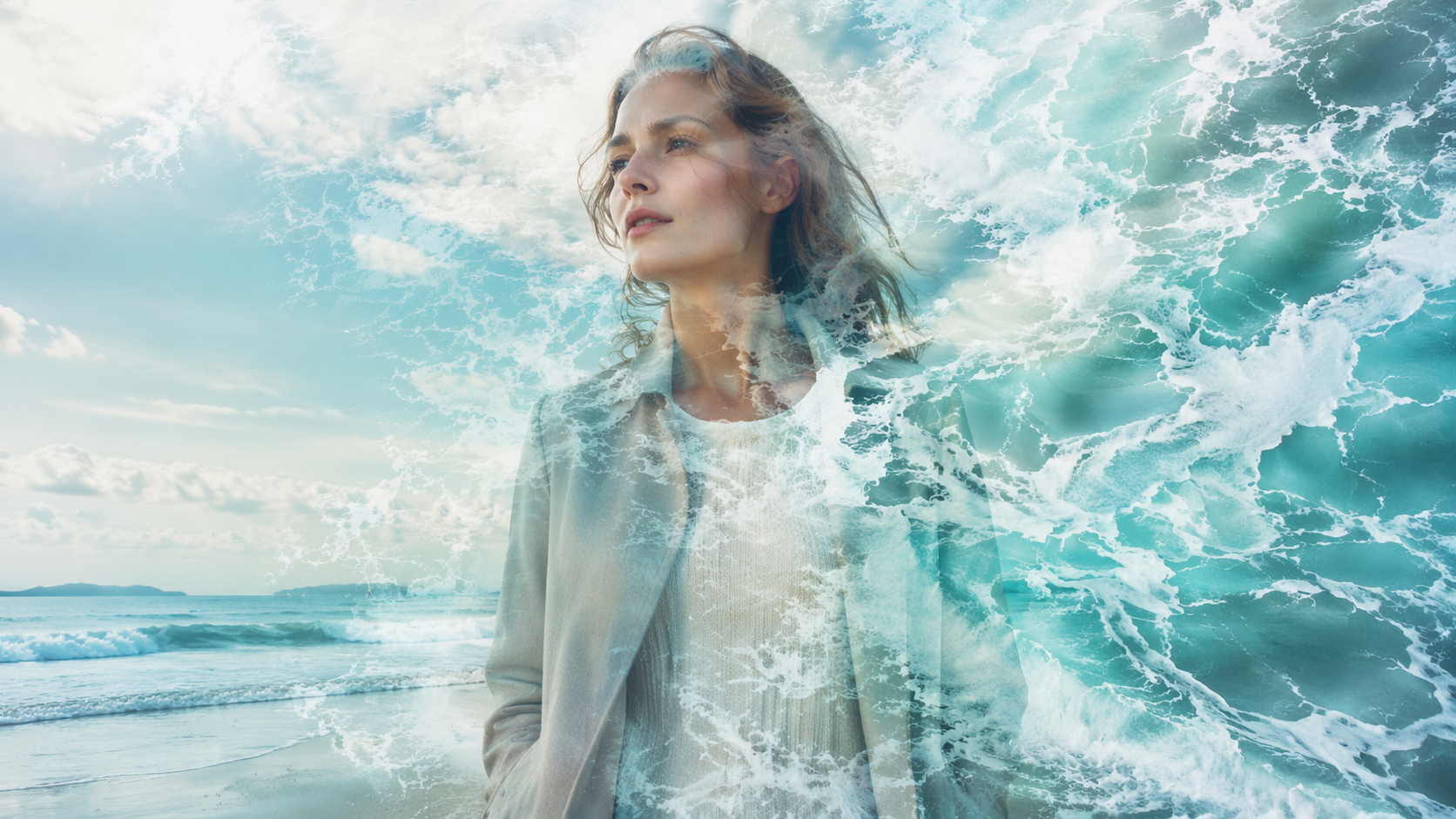 Dreamina IA Ocean Wave Filter exemplo de prompt 1: Turquoise Wave Portrait