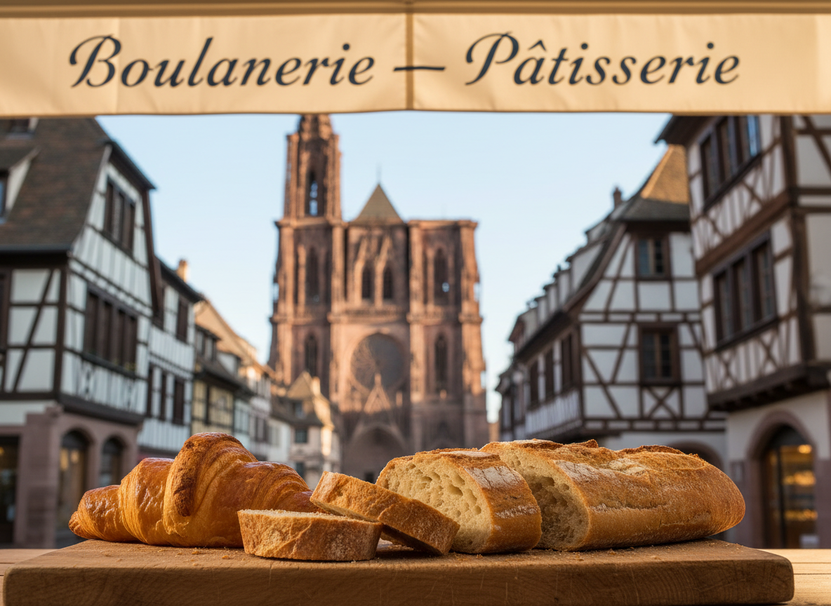 Exterior bakery near Strasbourg Cathedral; product close-up of croissant and sliced baguette; timber-framed houses blurred; French awning text 'Boulangerie — Pâtisserie'.