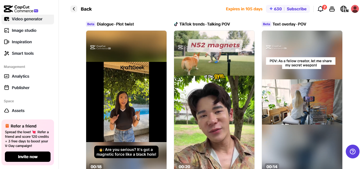 Pippit video generator showing TikTok trends, POV content, and dialogue-based templates for side hustle ideas.