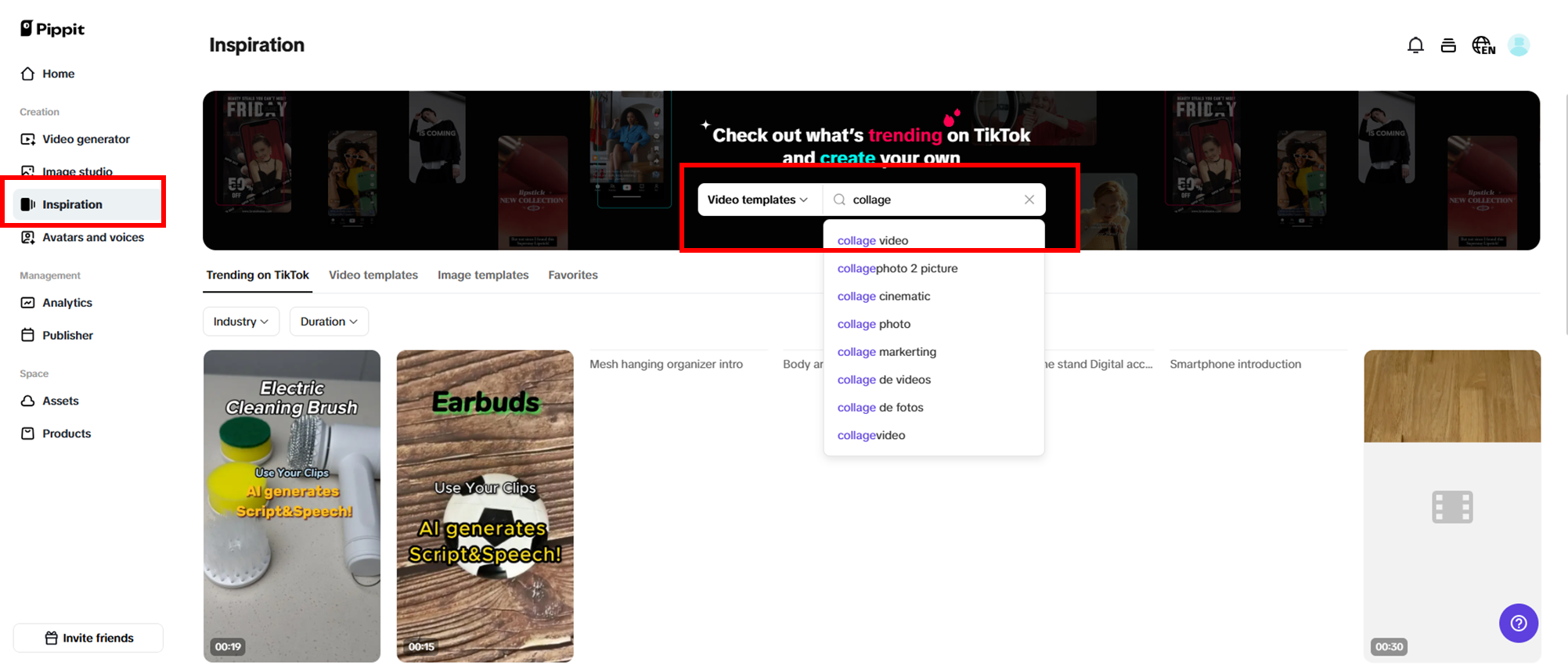 Access inspiration and seach collage