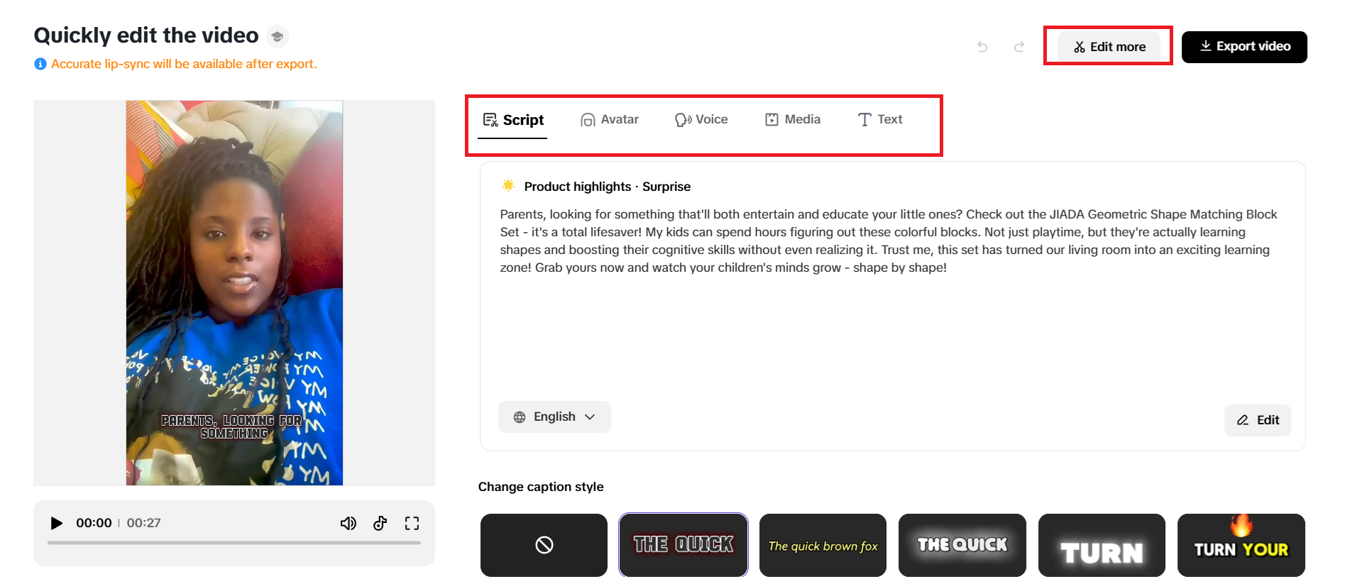 Modify script, avatar, voice, media and text in real time