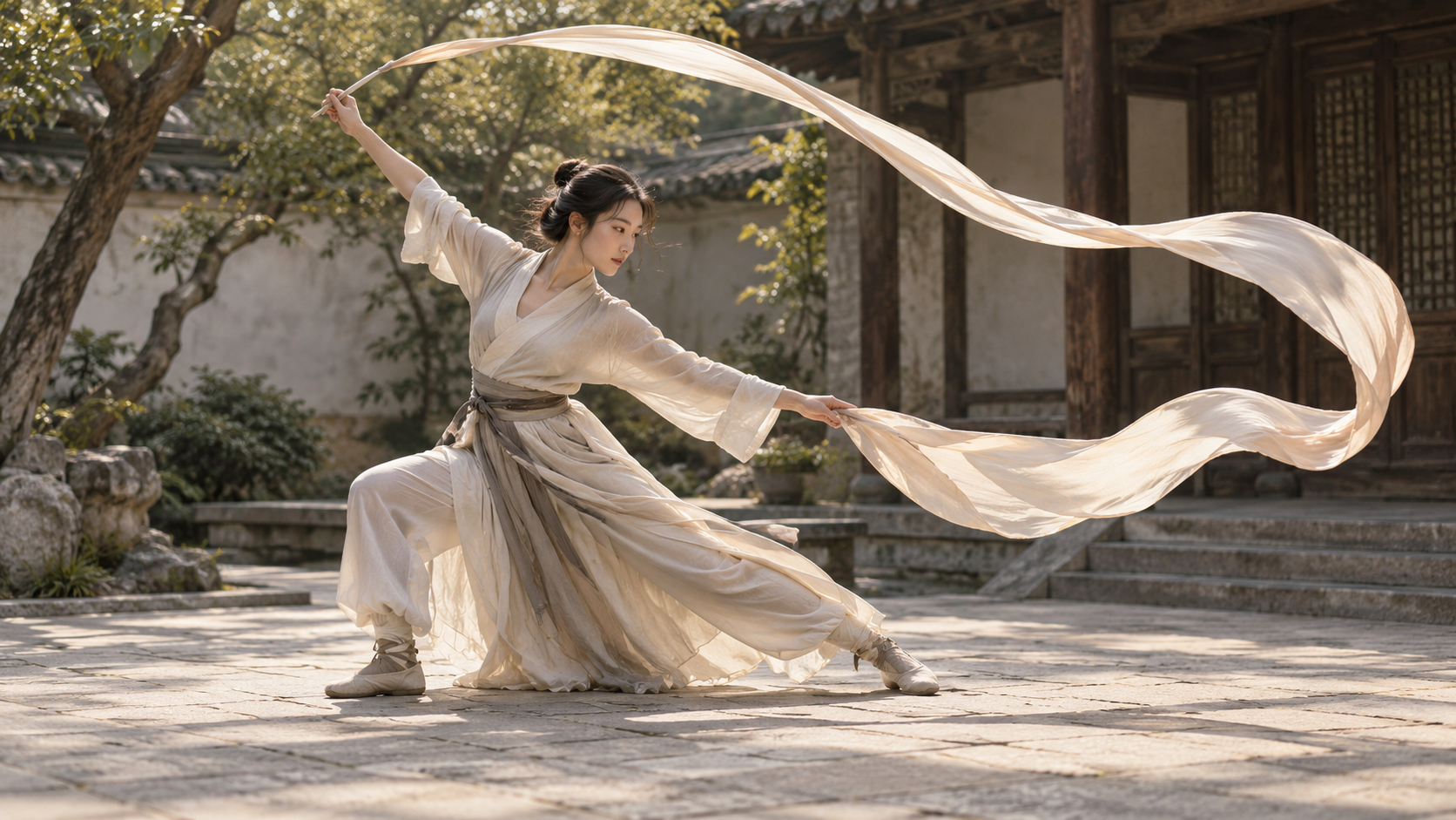 Martial-arts performer tracing a flowing ribbon movement in a quiet courtyard