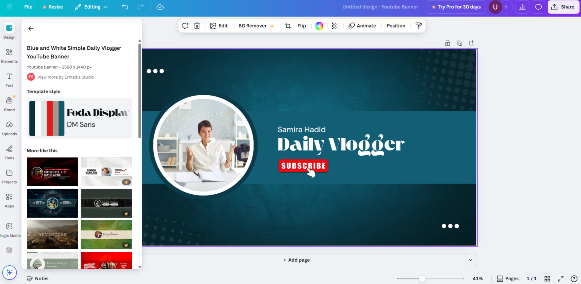 Интерфейс Canva — высокоэффективного генератора баннеров для YouTube.