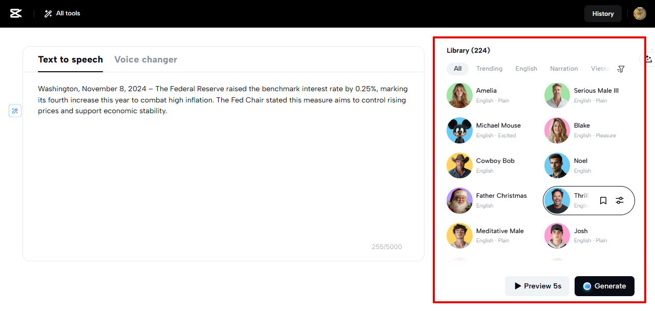 Pagbuo ng boses sa CapCut Web TTS tool