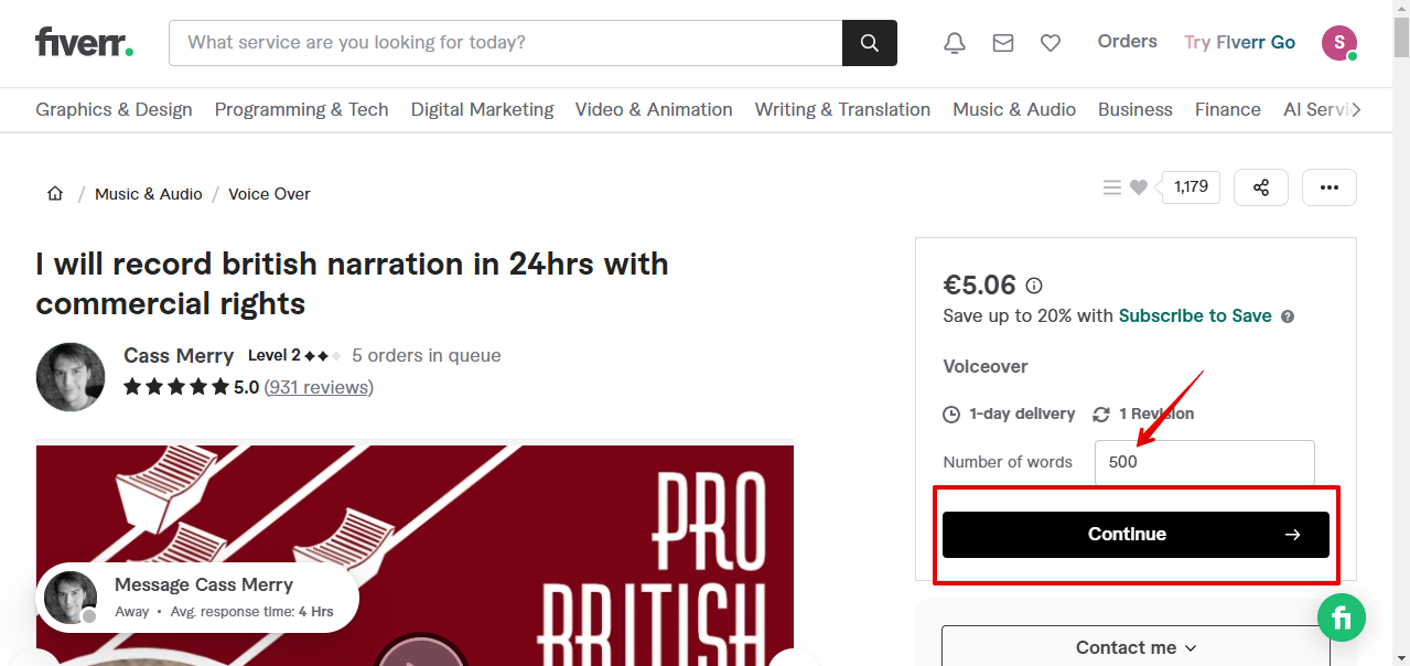 Selecting a voice actor & review gig details