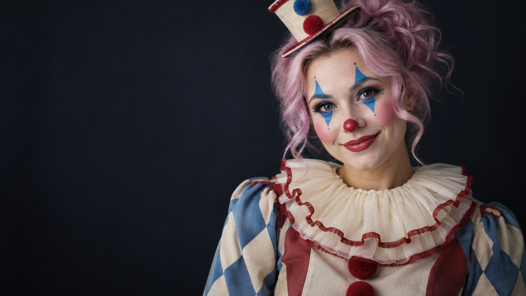 Playful Pastel Clown: A fictional adult woman with neat pastel clown face paint, blue diamond eye shapes, small red nose and gentle smile, bright studio portrait.
