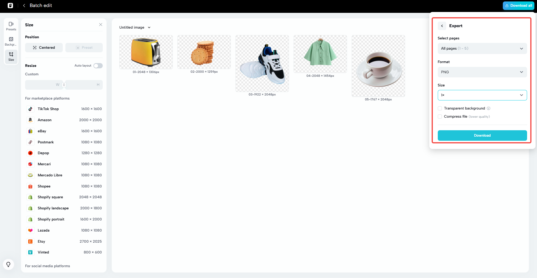 Choose dimensions and download resized files