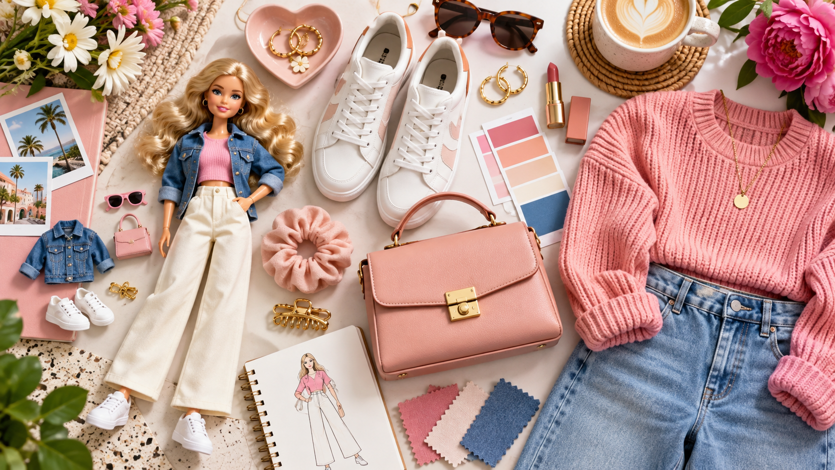 A generic fashion doll, accessories, and creator outfit arranged as a color-matched mood board