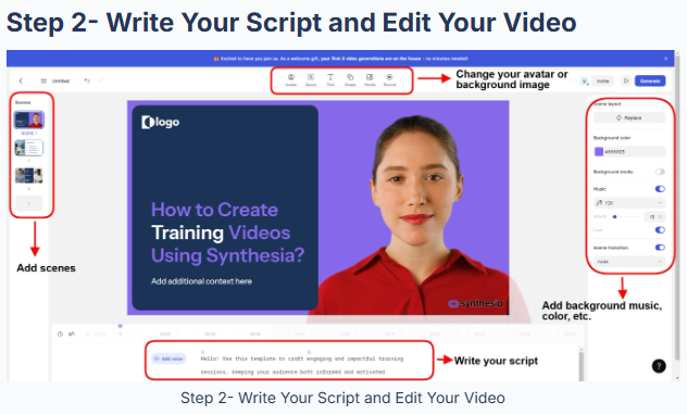 Adding a script and a voice to Snythesia avatars