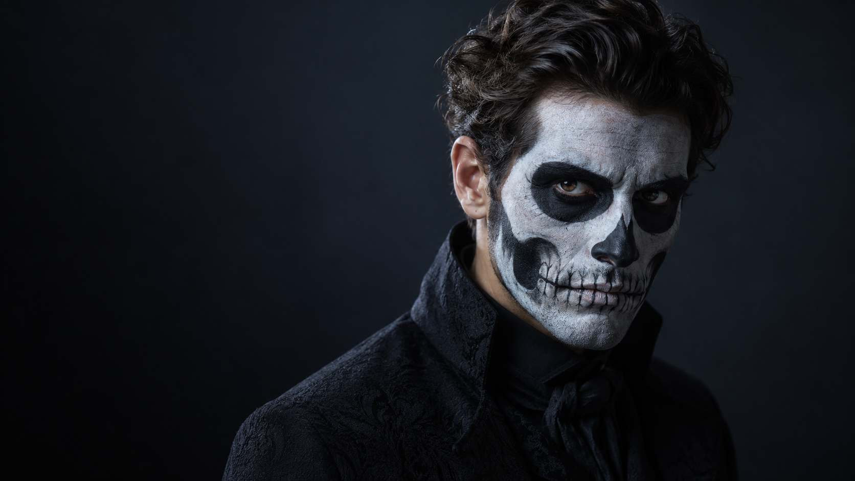Trucco monocromatico con teschio: il volto completo di un uomo adulto immaginario con orbite nere accuratamente dipinte e motivo a ossa bianche, trama realistica del trucco, illuminazione da studio drammatica e fresca.