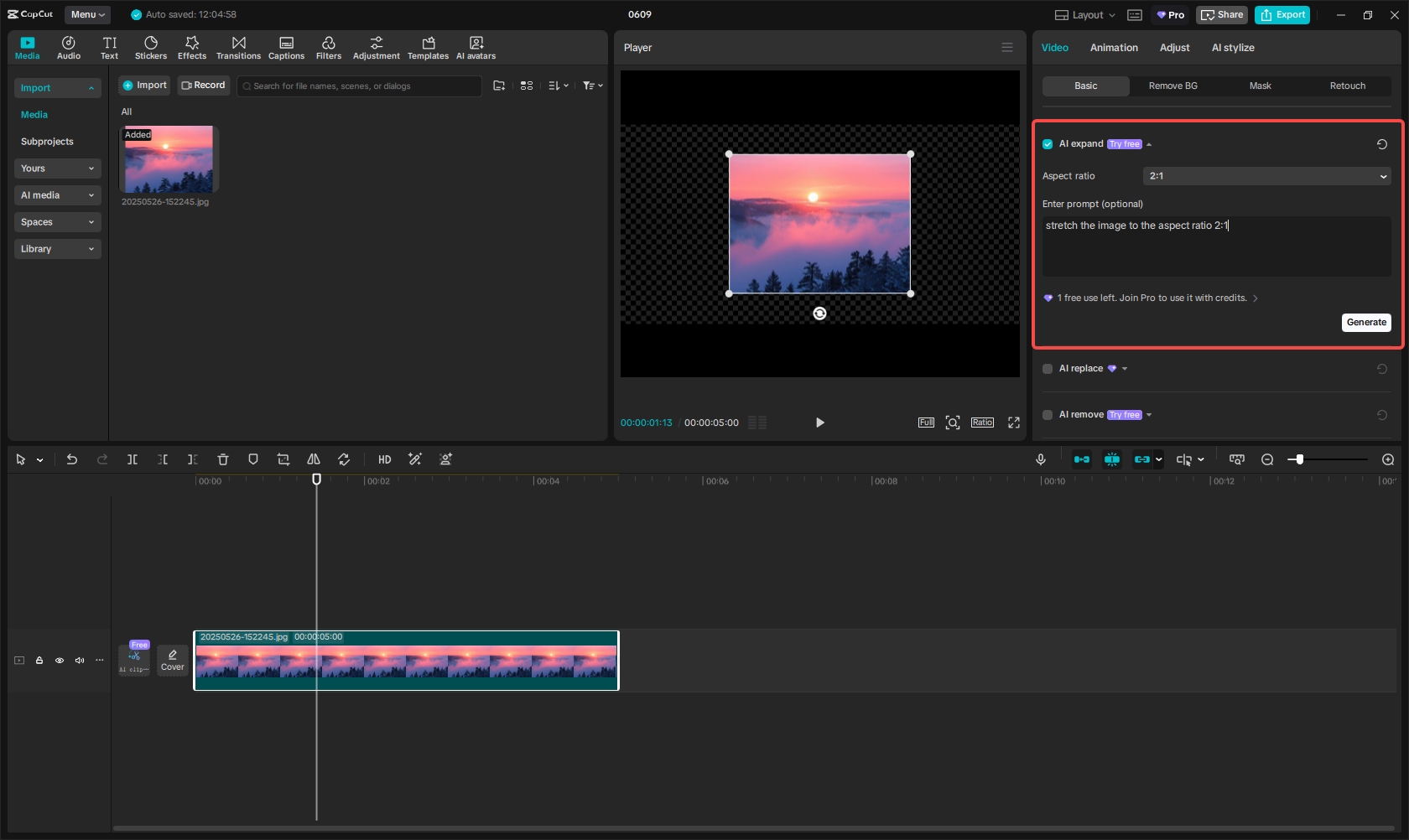 Applying the AI expand feature in CapCut