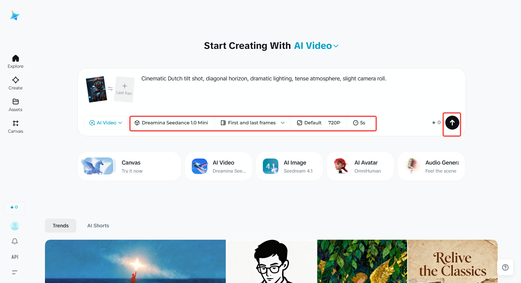 Eingabeaufforderung eingeben oder Bilder zu dreamina hinzufügen