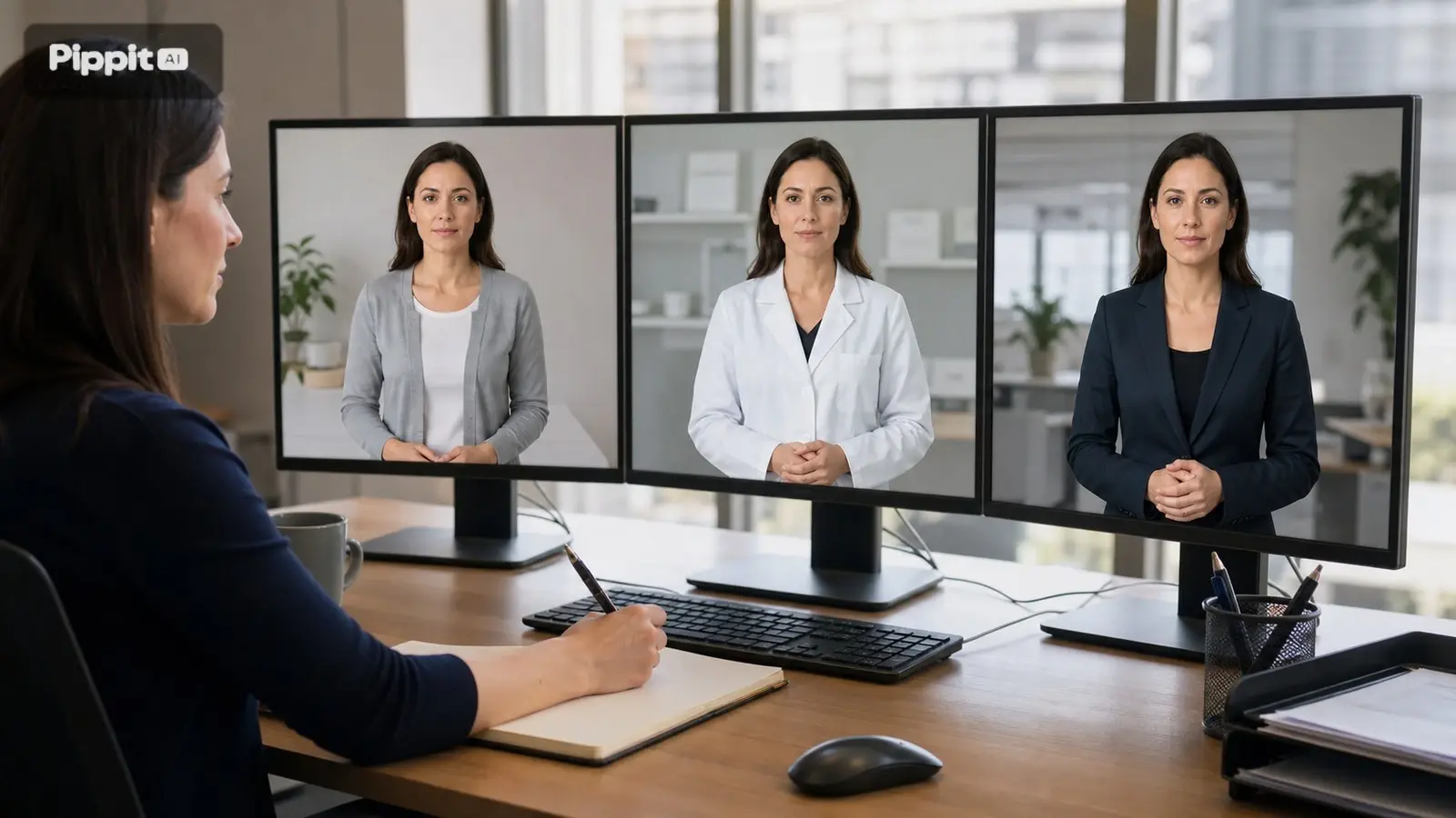 Mulher analisa três apresentadores gerados por IA em monitores de desktop em uma mesa de escritório