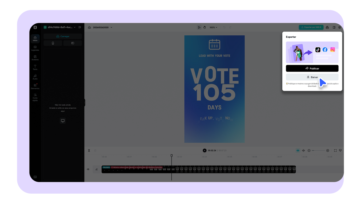 Exportação de vídeo com música gerada por IA pronta para download