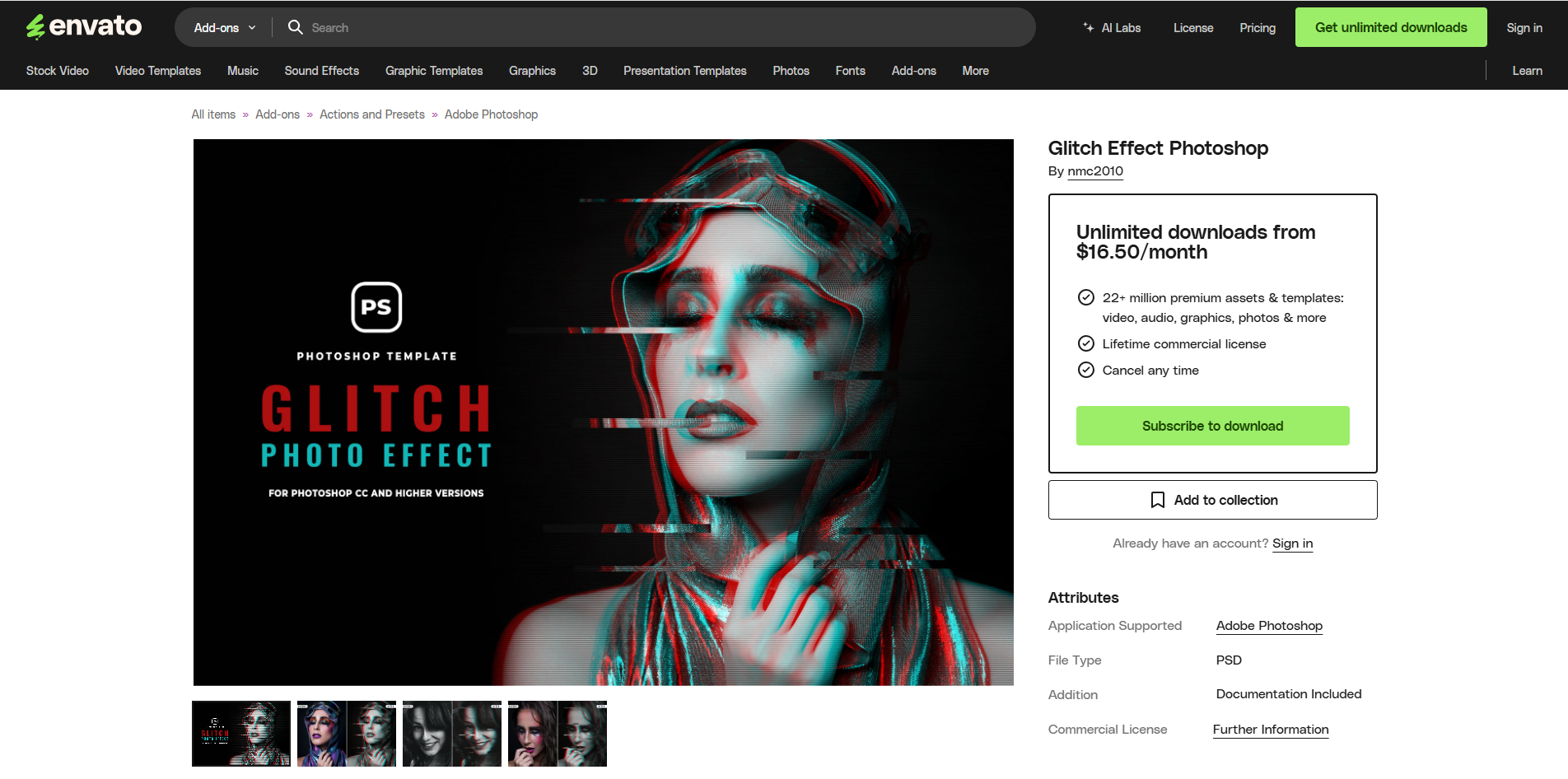 Interface of Envato Elements - a valuable resource for Photoshop glitch effects