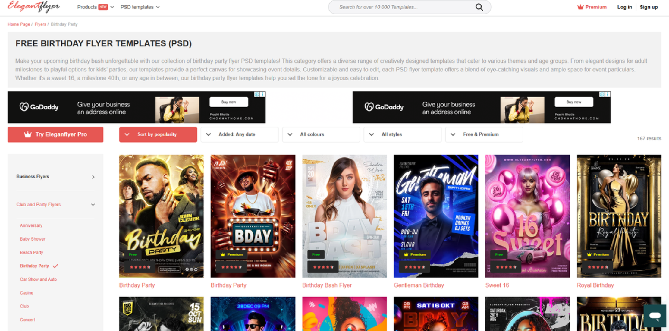 Интерфейс ElegantFlyer - онлайн-ресурса для разнообразных шаблонов флаеров на день рождения