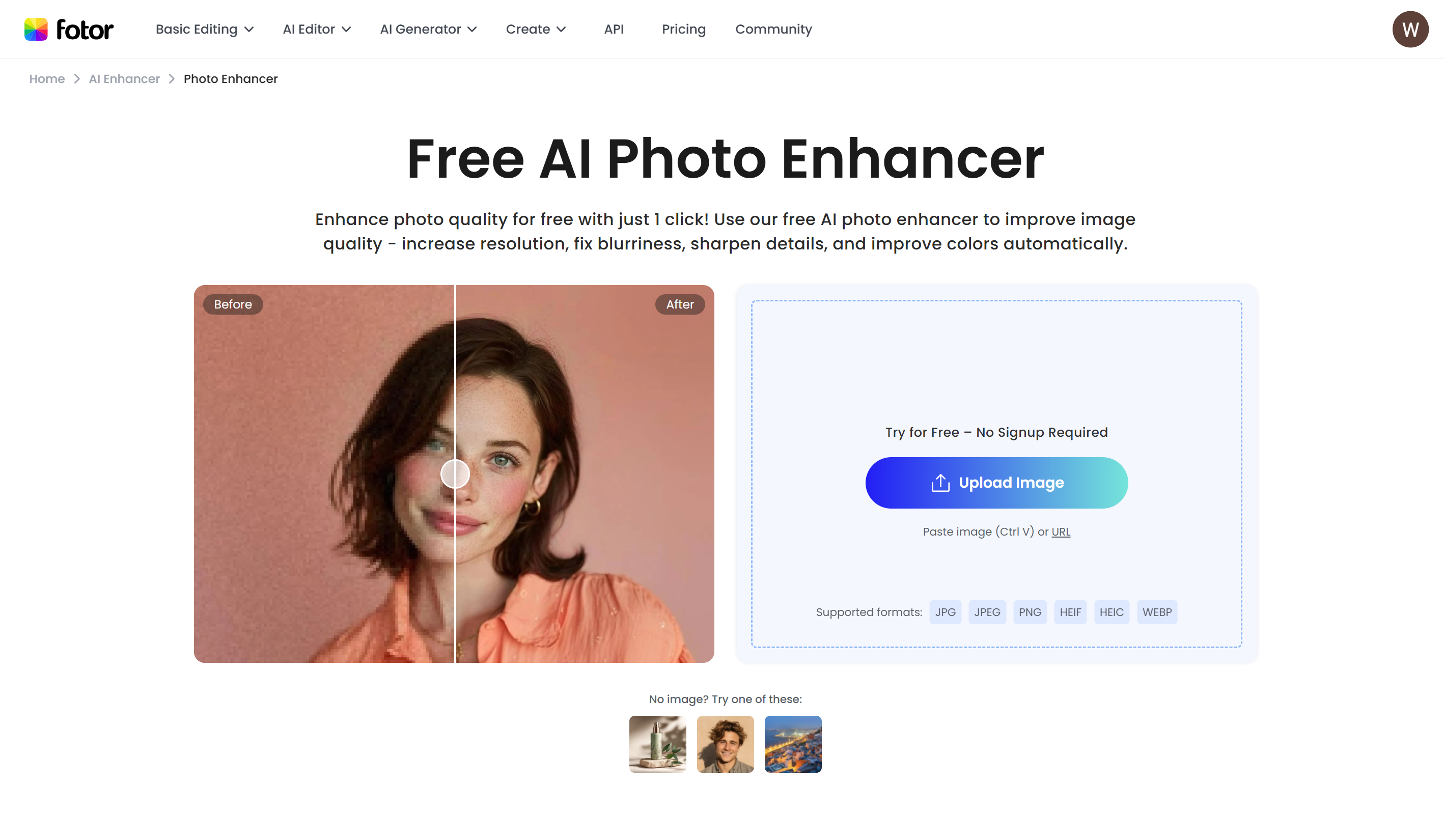Interface of the Fotor photo enhancer