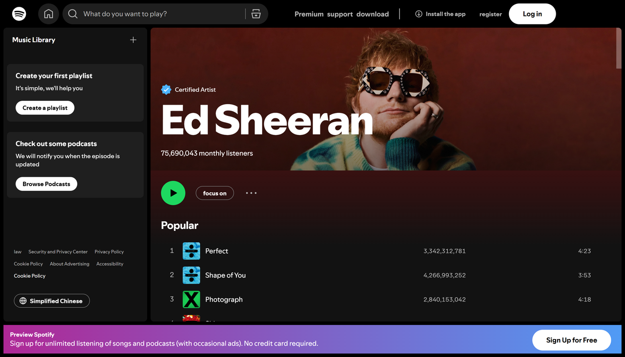 فنانو الأغنية الأكثر تشغيلًا على الإطلاق على Spotify: Ed Sheeran