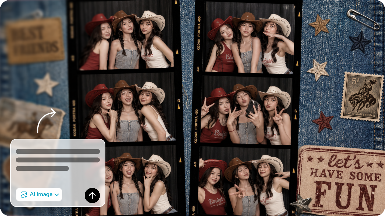 Generate fully styled photo strips from text descriptions