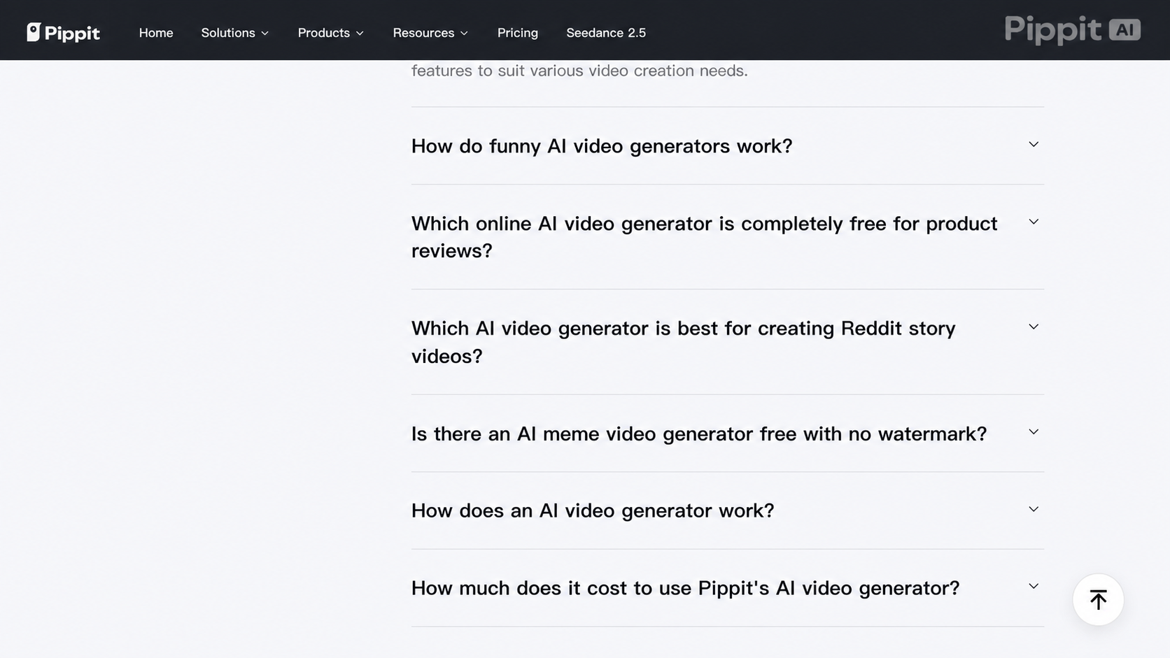 FAQ list on Pippit AI site with questions about AI video generators