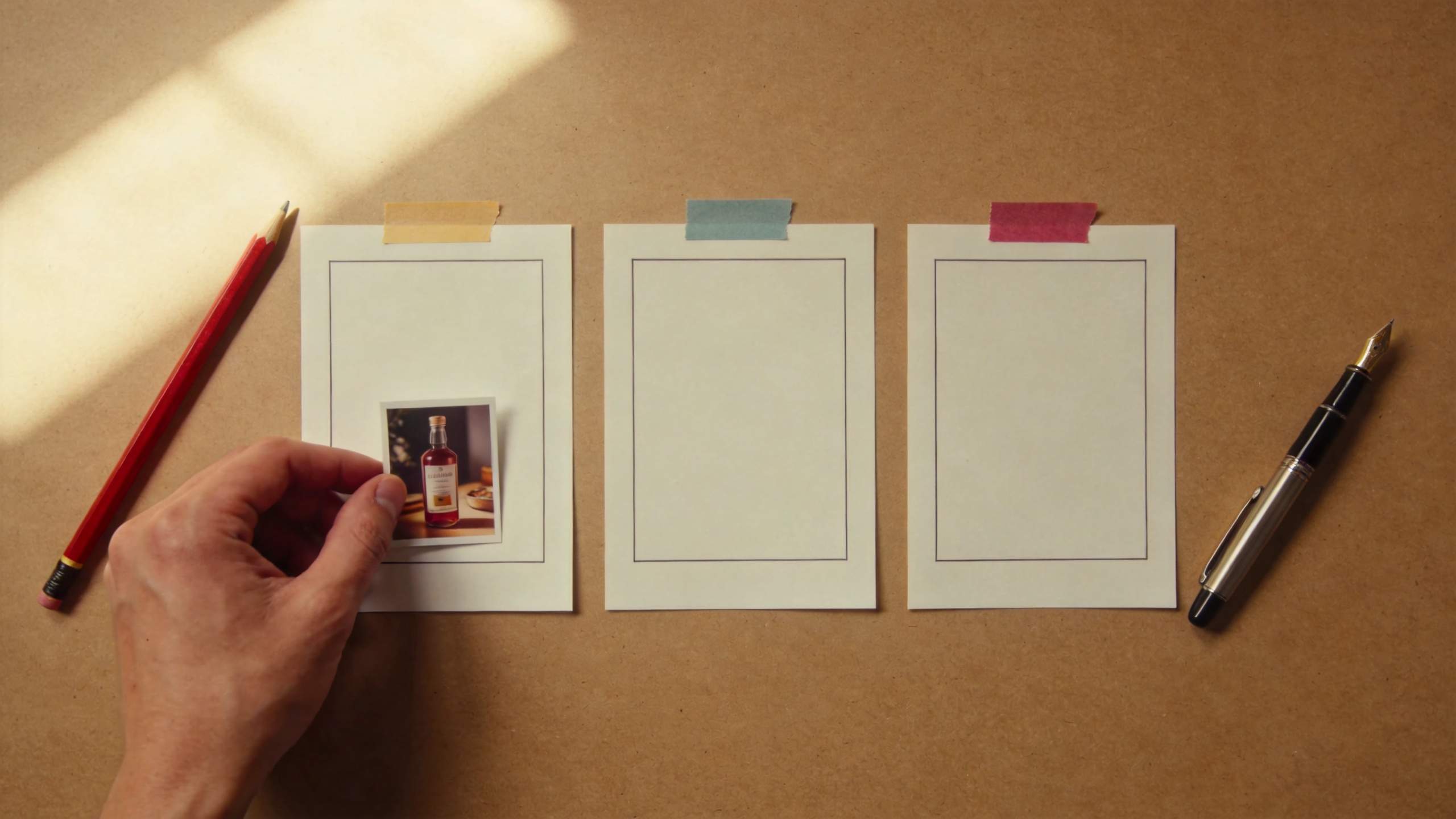 Hand placing a small product photo on the first of three blank taped cards