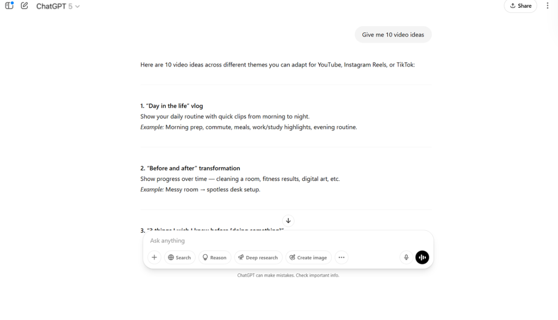 Generating video ideas with ChatGPT-5