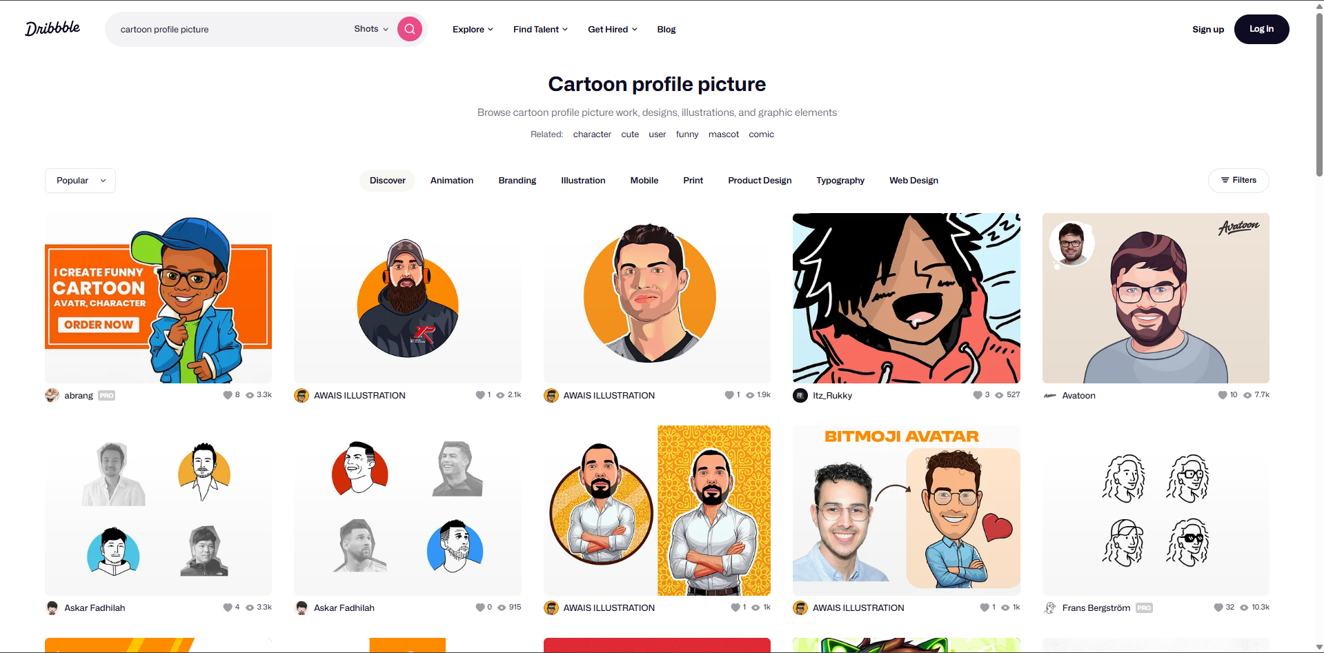 Interface of Dribble - the most liked place to find cartoon profile pictures