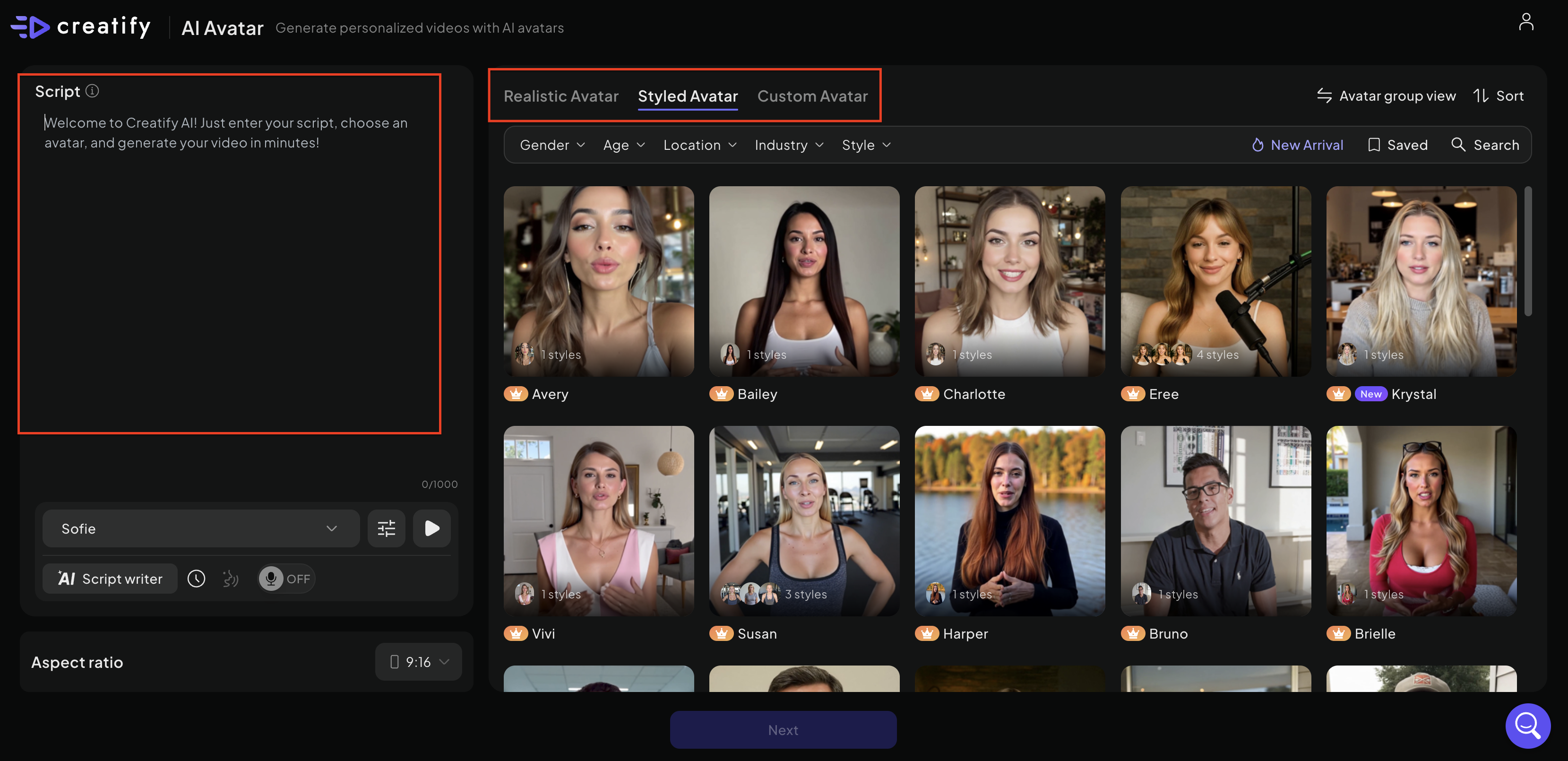 Elegir avatar y agregar guion