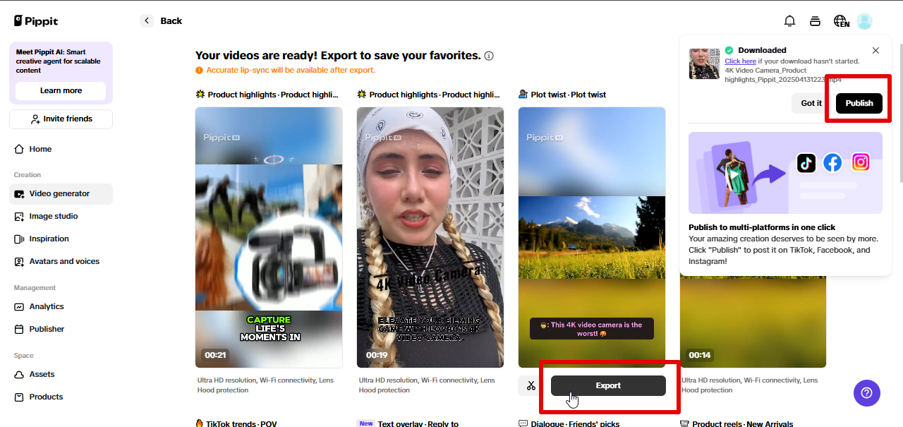 Exporting video from Pippit