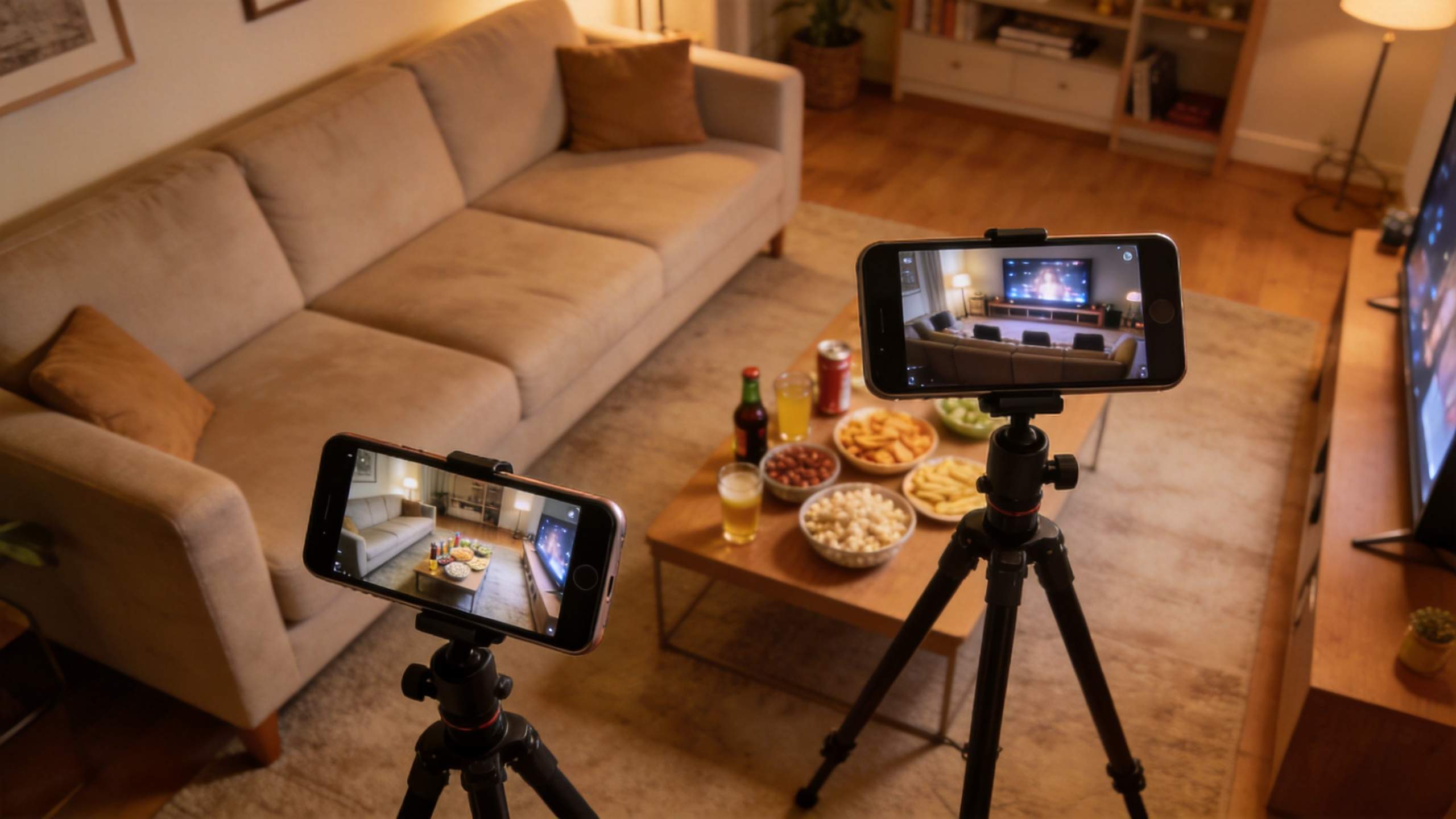 Two smartphones on tripods filming a living room football watch party setup