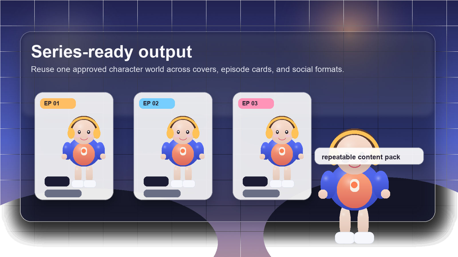 Episode-ready toddler podcast series layout with reusable host identity